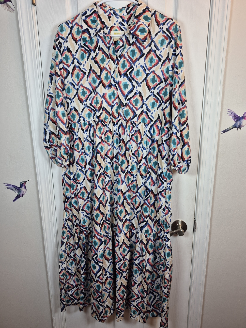Anthropologie MAEVE The Bettina Tiered Midi Shirt Dress Pockets Ikat Print S